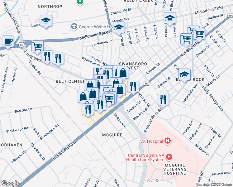 map of restaurants, bars, coffee shops, grocery stores, and more near 3906 Hull Street Road in Richmond