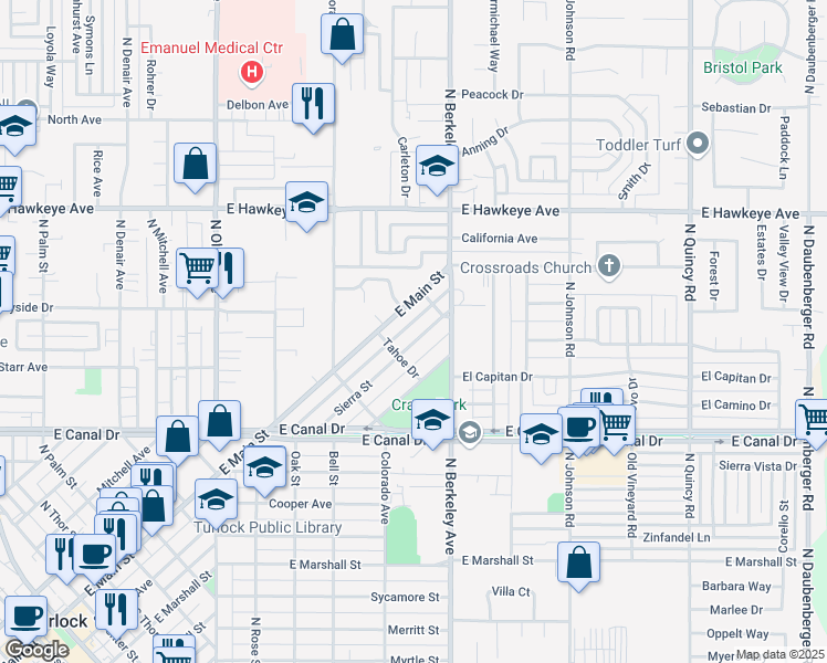 map of restaurants, bars, coffee shops, grocery stores, and more near 1107 Sierra Street in Turlock