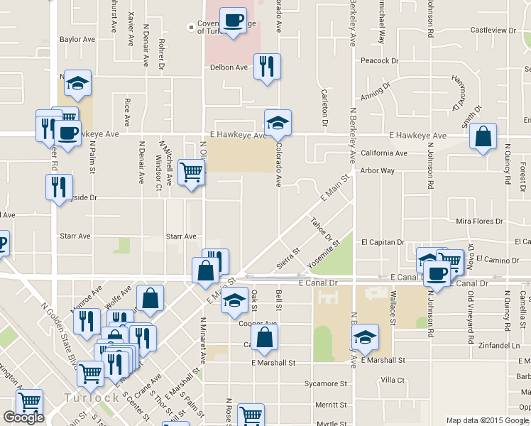 map of restaurants, bars, coffee shops, grocery stores, and more near 1065 Colorado Avenue in Turlock