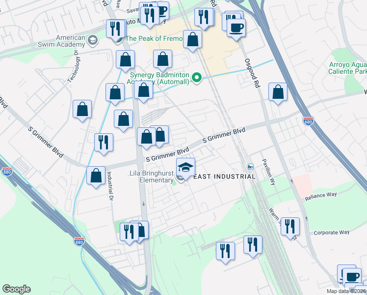 map of restaurants, bars, coffee shops, grocery stores, and more near 44862 South Grimmer Boulevard in Fremont