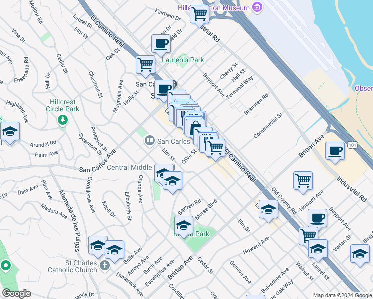 map of restaurants, bars, coffee shops, grocery stores, and more near 798 Walnut Street in San Carlos