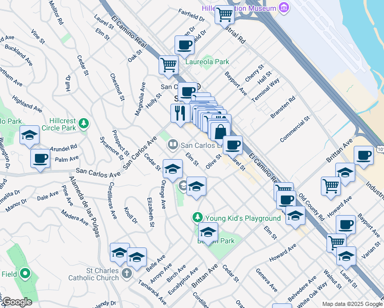map of restaurants, bars, coffee shops, grocery stores, and more near 776 Elm Street in San Carlos