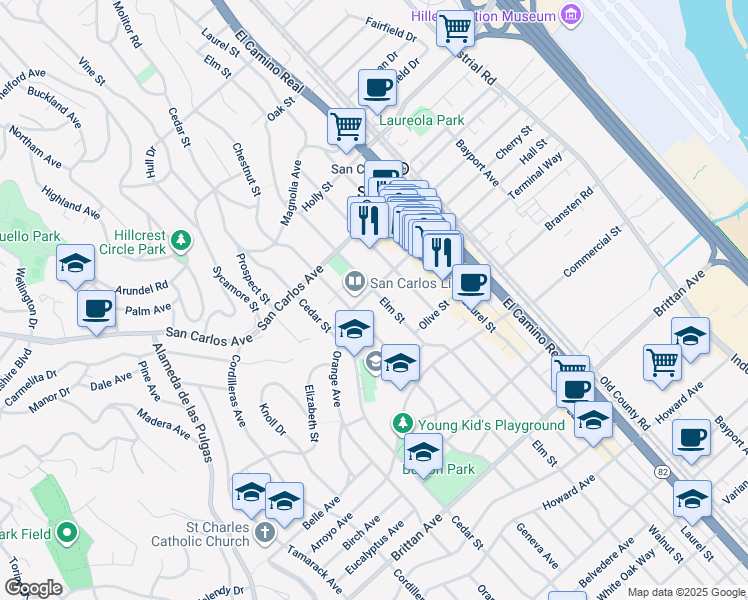map of restaurants, bars, coffee shops, grocery stores, and more near 701 Chestnut Street in San Carlos