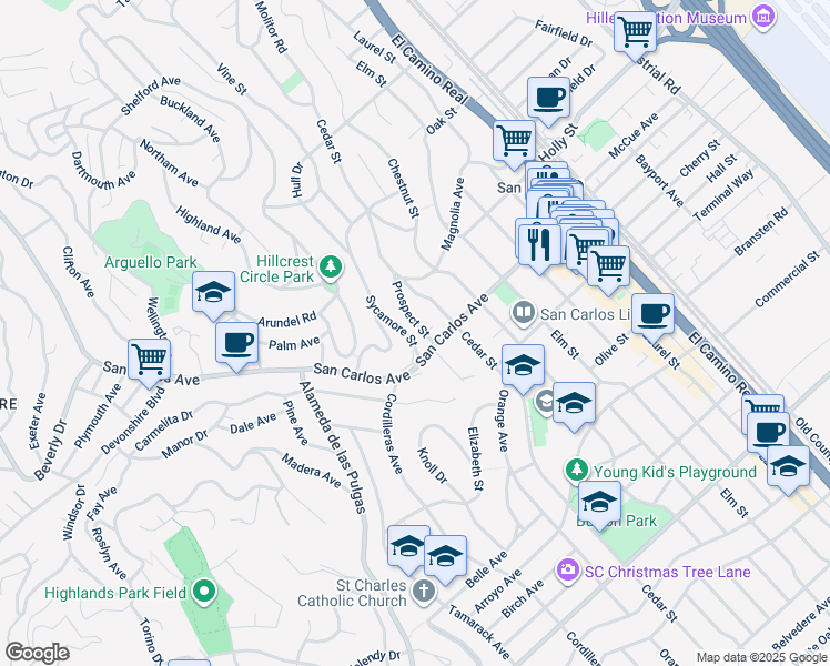 map of restaurants, bars, coffee shops, grocery stores, and more near in San Carlos