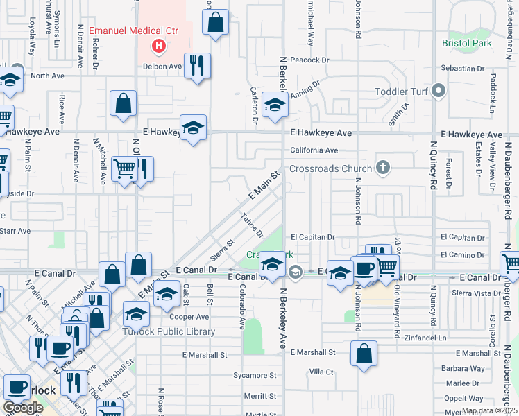 map of restaurants, bars, coffee shops, grocery stores, and more near 1123 Sierra Street in Turlock
