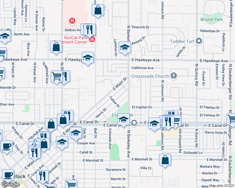 map of restaurants, bars, coffee shops, grocery stores, and more near 1123 Sierra Street in Turlock