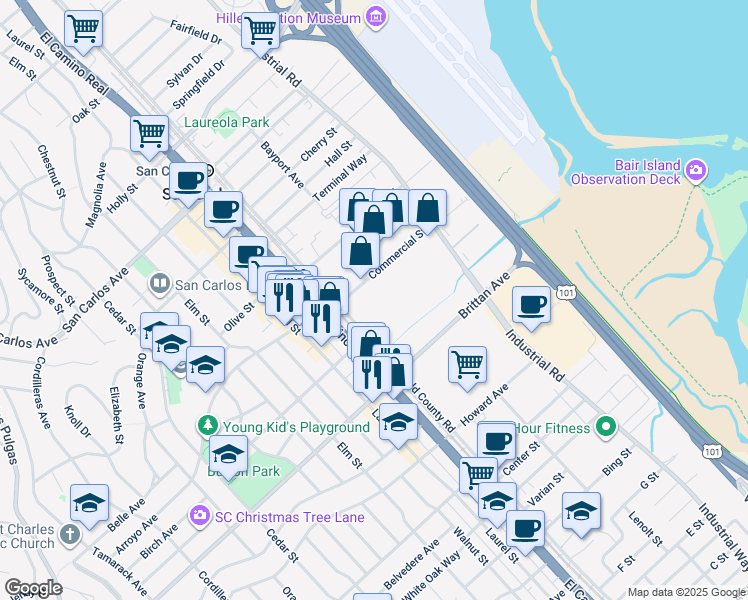 map of restaurants, bars, coffee shops, grocery stores, and more near 915 Old County Rd in San Carlos