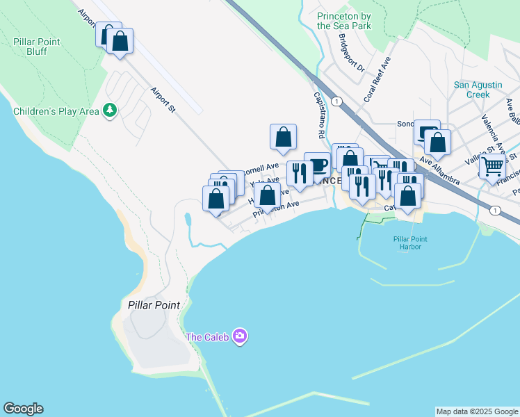 map of restaurants, bars, coffee shops, grocery stores, and more near 2 Airport Street in Half Moon Bay