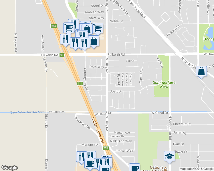 map of restaurants, bars, coffee shops, grocery stores, and more near 1180 North Tully Road in Turlock