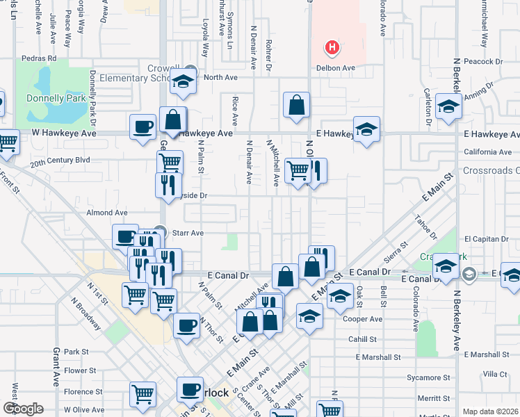 map of restaurants, bars, coffee shops, grocery stores, and more near 1080 North Denair Avenue in Turlock