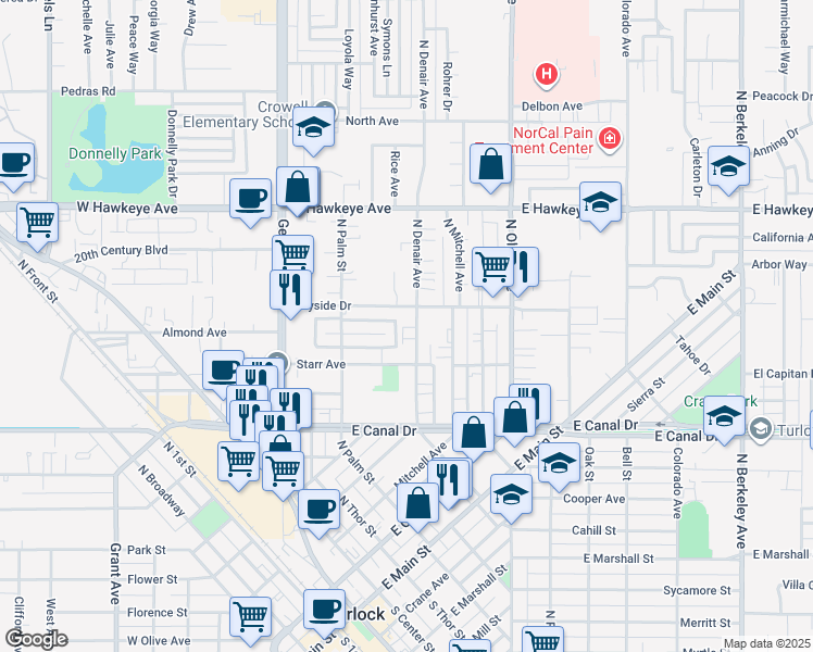 map of restaurants, bars, coffee shops, grocery stores, and more near 390 Bel Air Court in Turlock