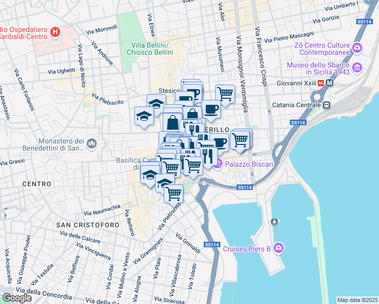 map of restaurants, bars, coffee shops, grocery stores, and more near 21 Via della Loggetta in Catania