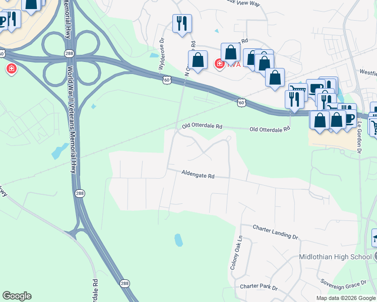 map of restaurants, bars, coffee shops, grocery stores, and more near 107 Little Hawk Place in Midlothian