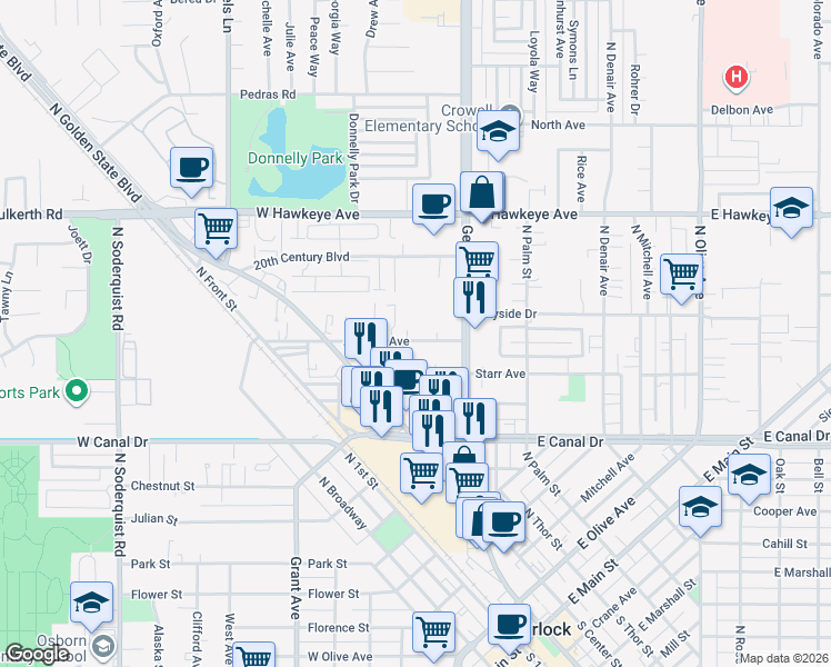 map of restaurants, bars, coffee shops, grocery stores, and more near 110 Almond Avenue in Turlock