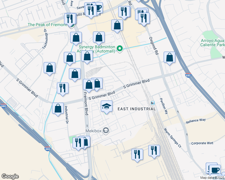 map of restaurants, bars, coffee shops, grocery stores, and more near 44862 South Grimmer Boulevard in Fremont