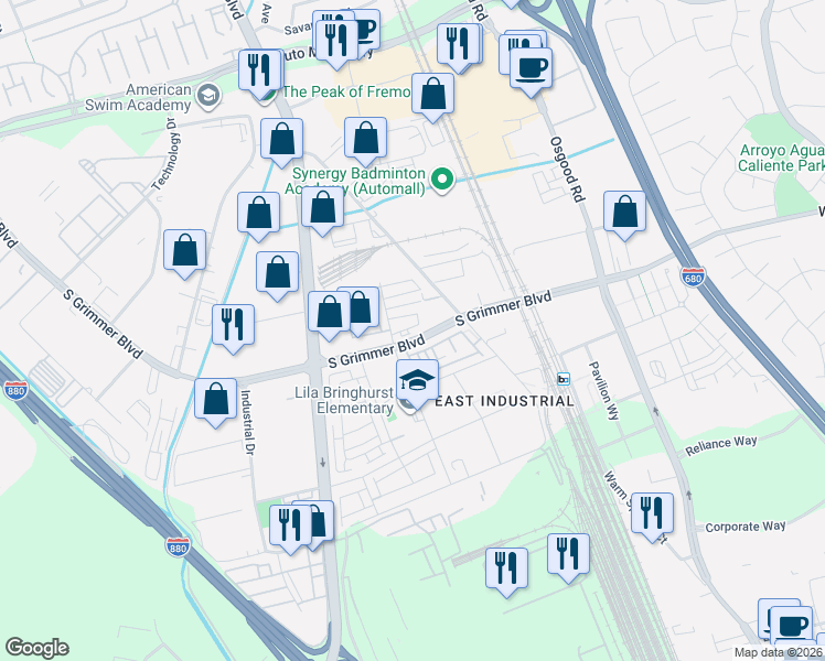 map of restaurants, bars, coffee shops, grocery stores, and more near 44862 South Grimmer Boulevard in Fremont