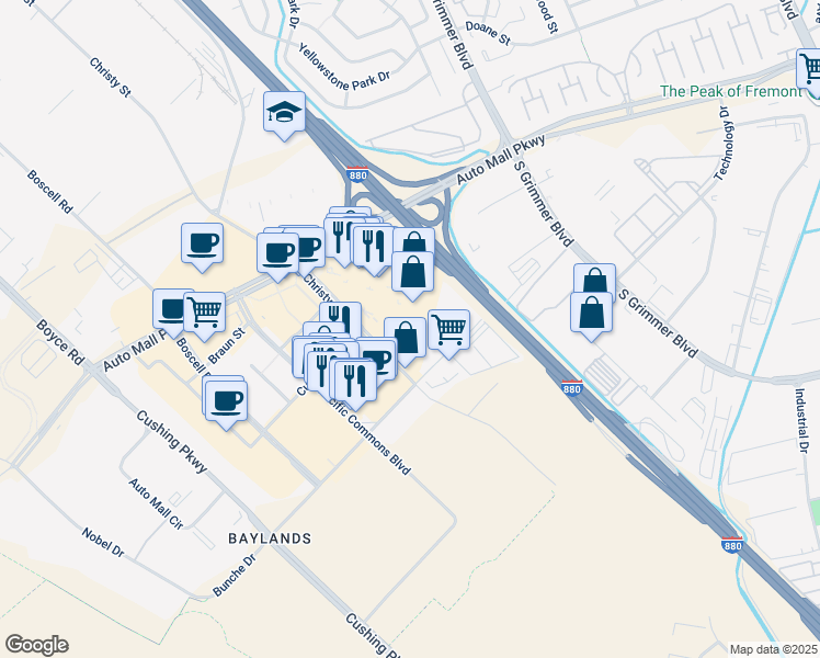 map of restaurants, bars, coffee shops, grocery stores, and more near 43782 Christy Street in Fremont