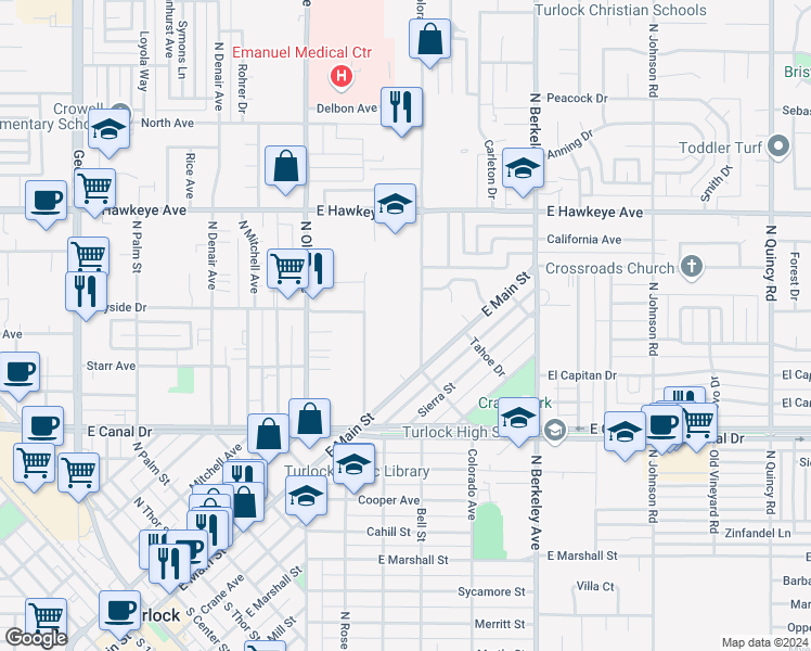 map of restaurants, bars, coffee shops, grocery stores, and more near 1131 Colorado Avenue in Turlock