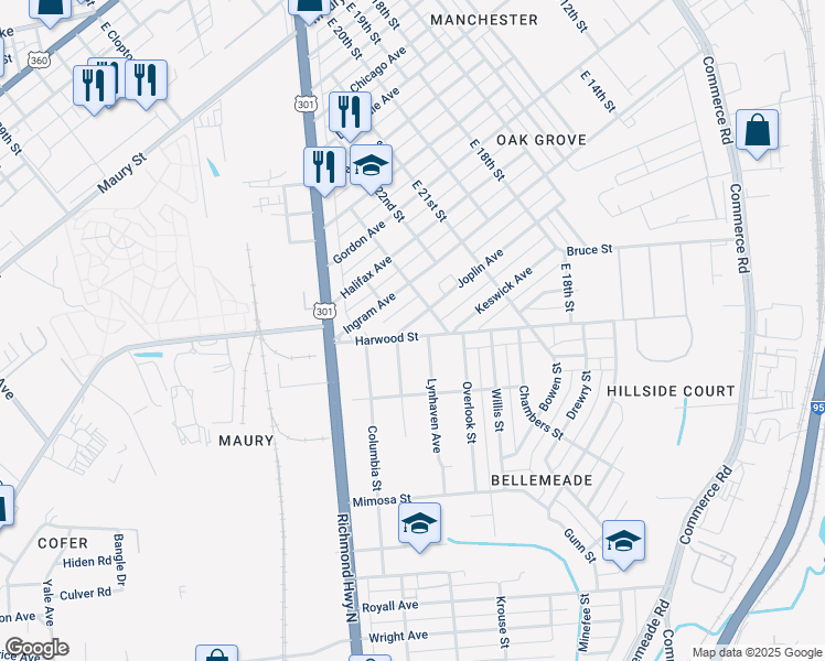 map of restaurants, bars, coffee shops, grocery stores, and more near 2313 Harwood Street in Richmond