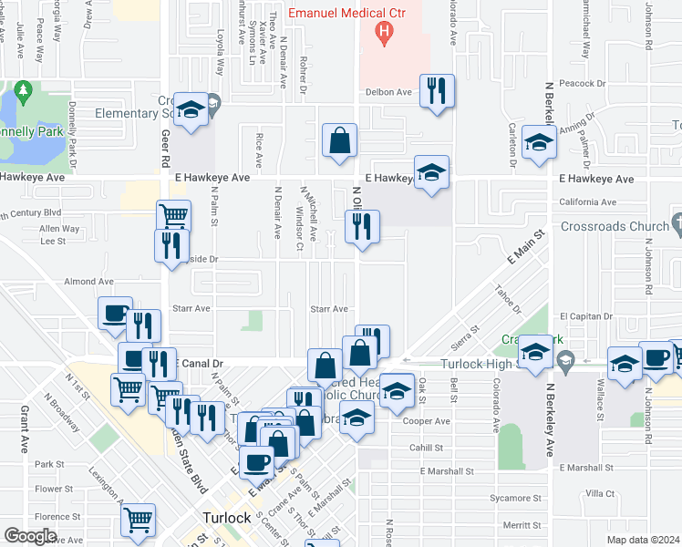 map of restaurants, bars, coffee shops, grocery stores, and more near 1150 Kenwood Avenue in Turlock