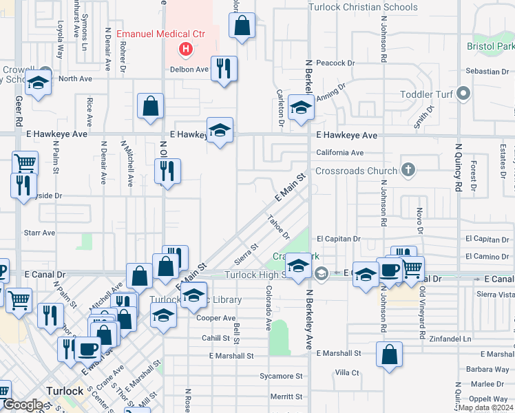 map of restaurants, bars, coffee shops, grocery stores, and more near 1034 East Main Street in Turlock