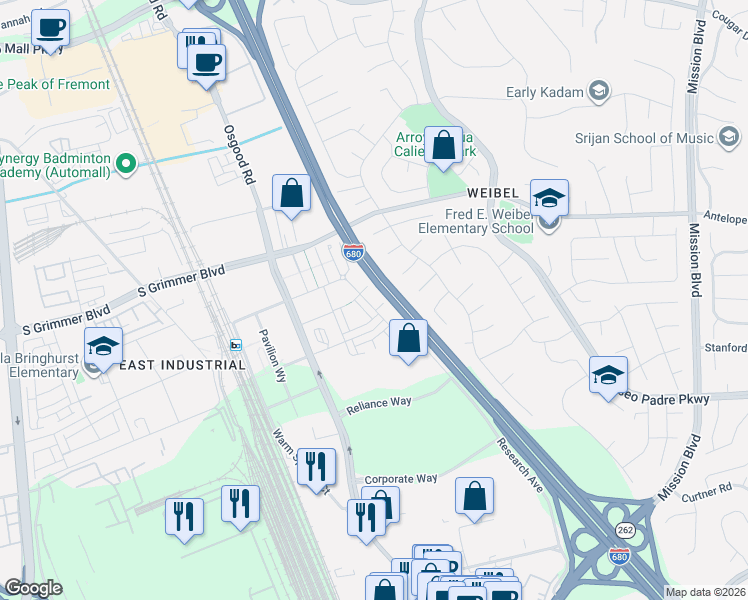 map of restaurants, bars, coffee shops, grocery stores, and more near 45273 Tom Blalock Street in Fremont