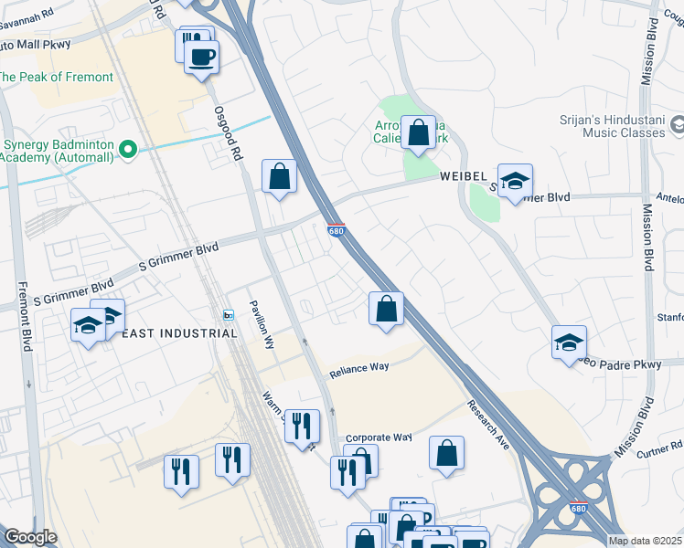 map of restaurants, bars, coffee shops, grocery stores, and more near 45273 Tom Blalock Street in Fremont