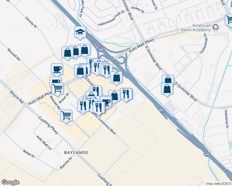map of restaurants, bars, coffee shops, grocery stores, and more near 5127 Brandin Ct in Fremont