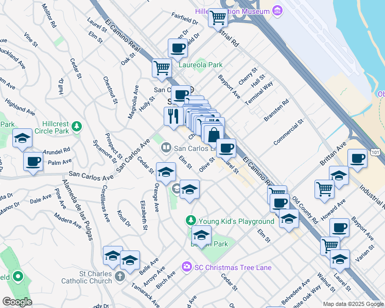 map of restaurants, bars, coffee shops, grocery stores, and more near 776 Elm Street in San Carlos