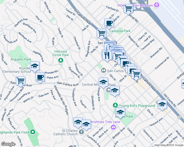 map of restaurants, bars, coffee shops, grocery stores, and more near in San Carlos