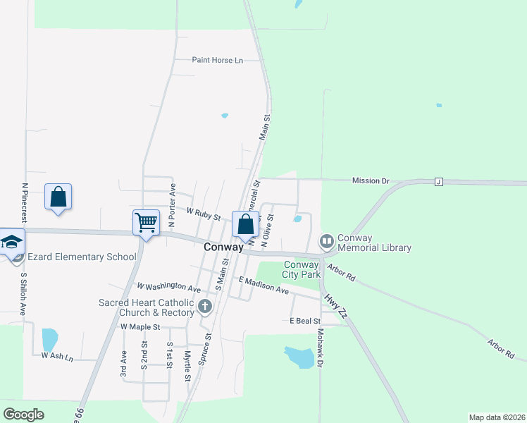 map of restaurants, bars, coffee shops, grocery stores, and more near 202 North Pine Street in Conway