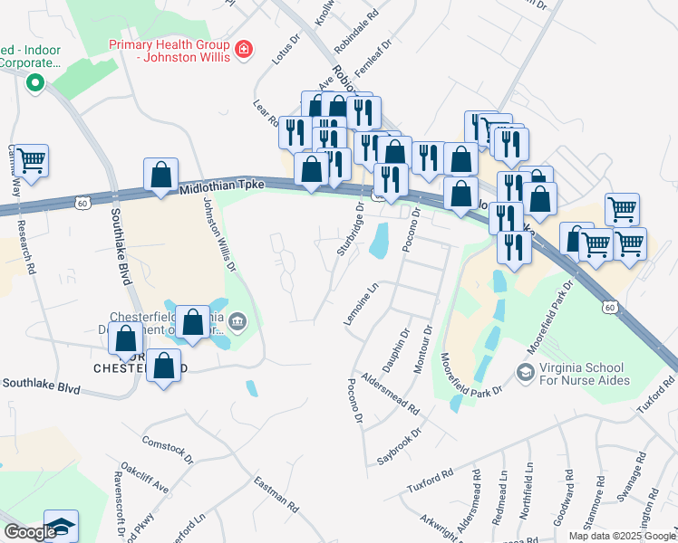 map of restaurants, bars, coffee shops, grocery stores, and more near 722 Sturgis Drive in Richmond