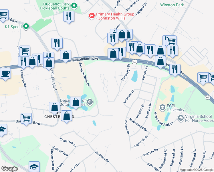 map of restaurants, bars, coffee shops, grocery stores, and more near 705 Pool Road in Richmond