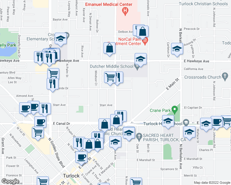map of restaurants, bars, coffee shops, grocery stores, and more near 1131 North Olive Avenue in Turlock