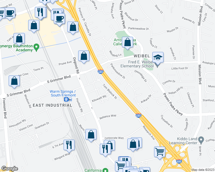 map of restaurants, bars, coffee shops, grocery stores, and more near 45258 Tom Blalock Street in Fremont