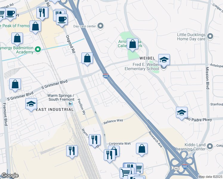 map of restaurants, bars, coffee shops, grocery stores, and more near 45258 Tom Blalock Street in Fremont
