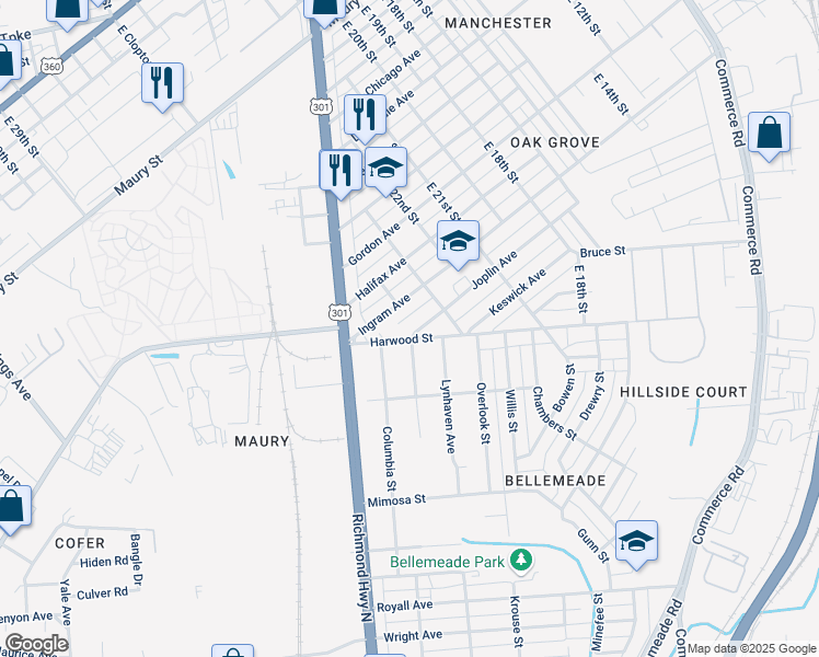 map of restaurants, bars, coffee shops, grocery stores, and more near 2315 Joplin Avenue in Richmond