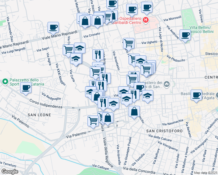 map of restaurants, bars, coffee shops, grocery stores, and more near 14 Via Privata Frà Liberato in Catania
