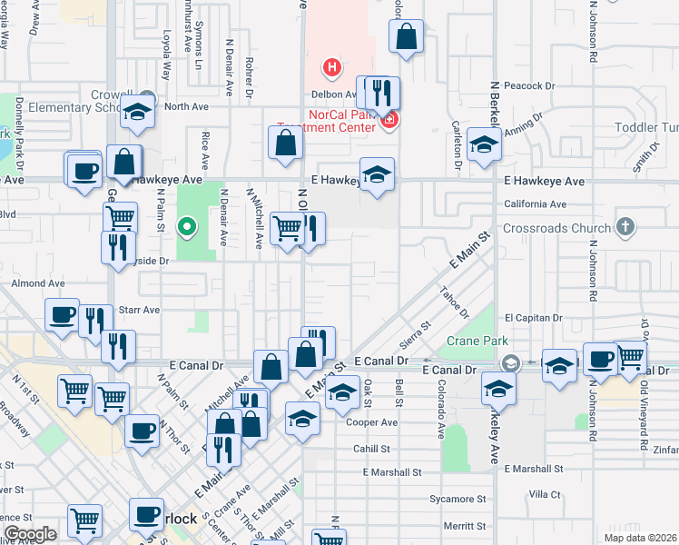 map of restaurants, bars, coffee shops, grocery stores, and more near 917 Wayside Drive in Turlock