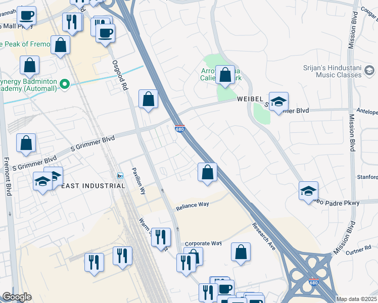 map of restaurants, bars, coffee shops, grocery stores, and more near 1888 Nakoma Court in Fremont