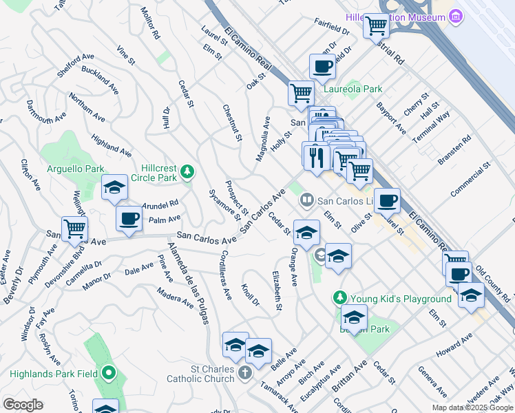 map of restaurants, bars, coffee shops, grocery stores, and more near 547 Cedar Street in San Carlos
