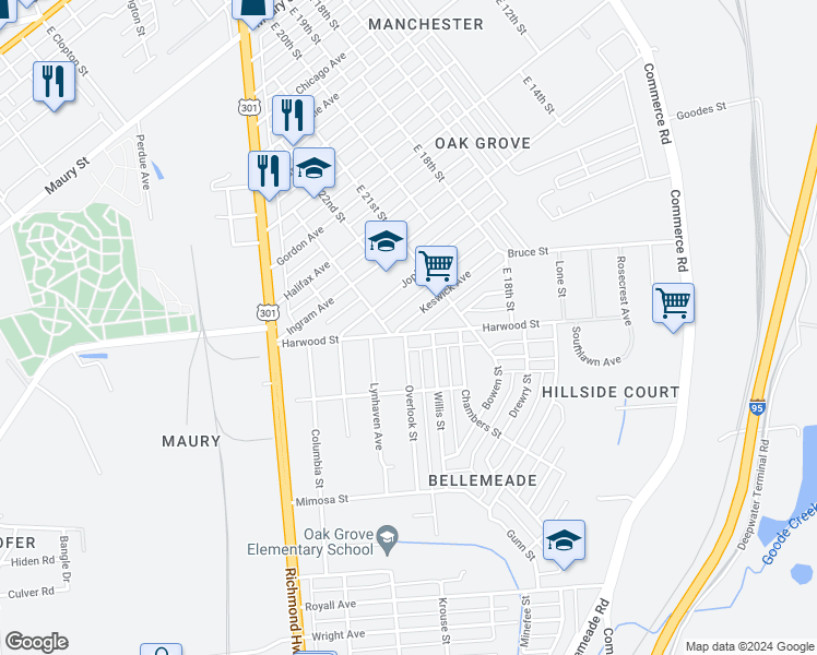 map of restaurants, bars, coffee shops, grocery stores, and more near 2214 Keswick Avenue in Richmond