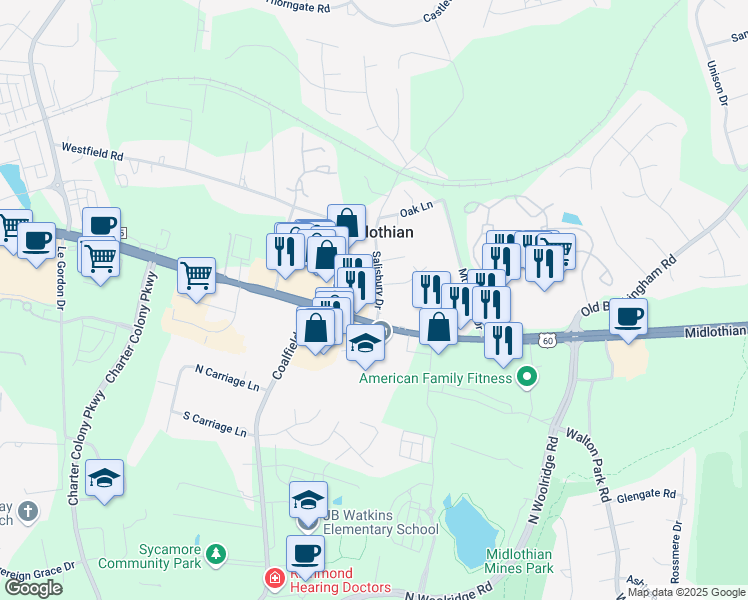 map of restaurants, bars, coffee shops, grocery stores, and more near 1026 Salisbury Drive in Midlothian