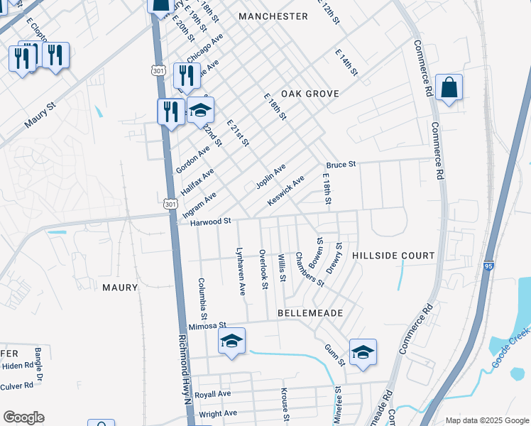 map of restaurants, bars, coffee shops, grocery stores, and more near 2210 Keswick Avenue in Richmond