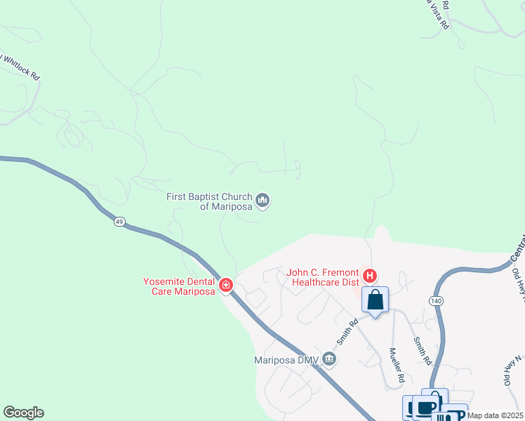 map of restaurants, bars, coffee shops, grocery stores, and more near 5005 Frank Wilson Road in Mariposa