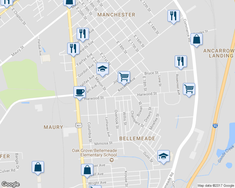 map of restaurants, bars, coffee shops, grocery stores, and more near 2210 Keswick Avenue in Richmond