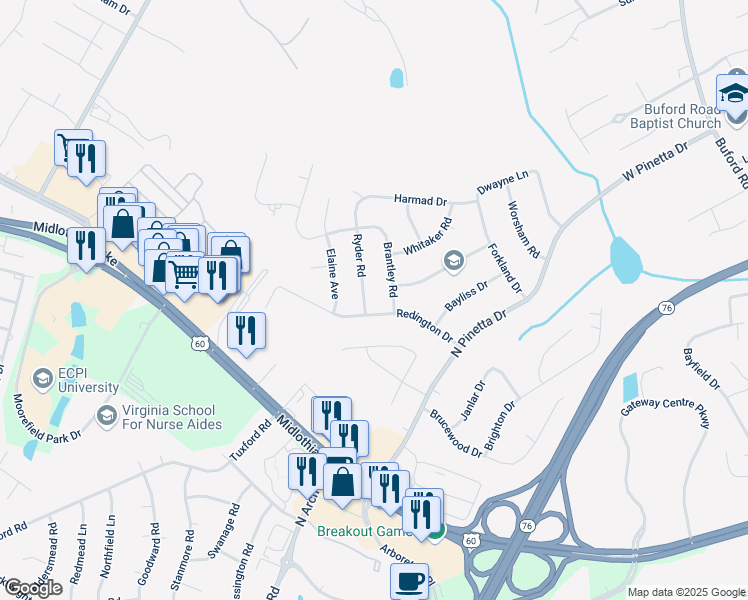 map of restaurants, bars, coffee shops, grocery stores, and more near 809 Ryder Road in Richmond