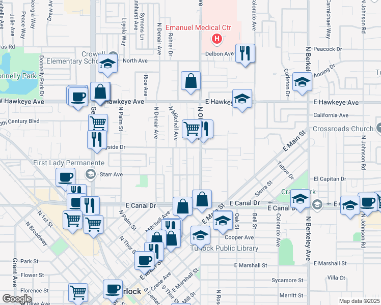 map of restaurants, bars, coffee shops, grocery stores, and more near 1180 Kenwood Avenue in Turlock