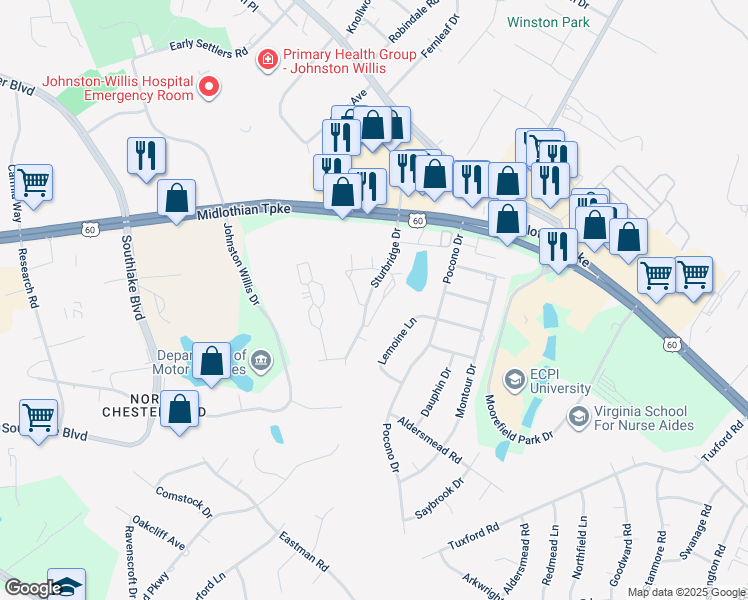 map of restaurants, bars, coffee shops, grocery stores, and more near 728 Sturgis Drive in Richmond