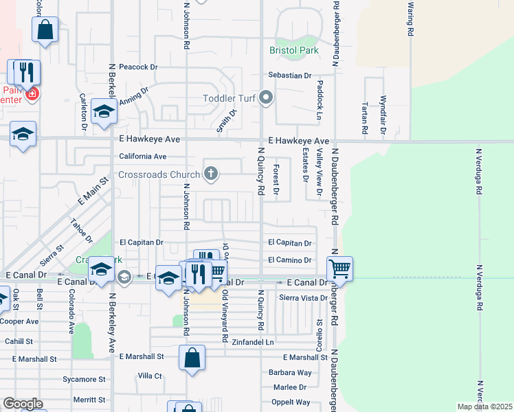 map of restaurants, bars, coffee shops, grocery stores, and more near 1260 Linn Court in Turlock